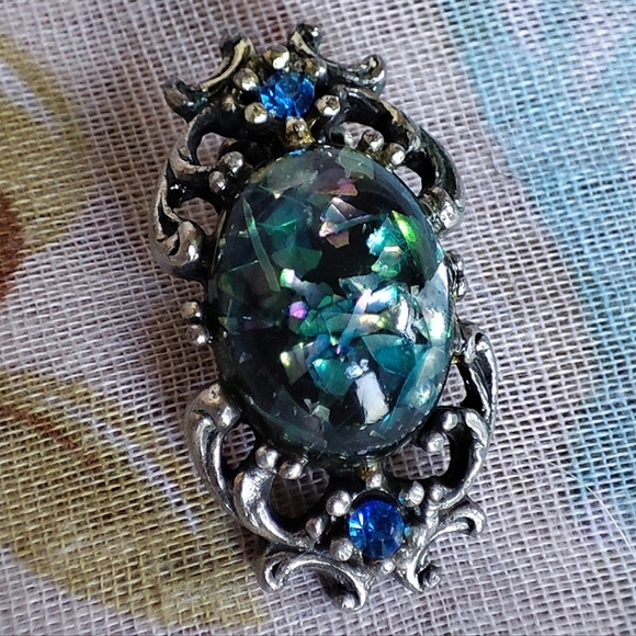 Confetti Cabochon Lucite Antique Silver Tone Vintage Clip Back Earrings Unsigned - Picture 6 of 9